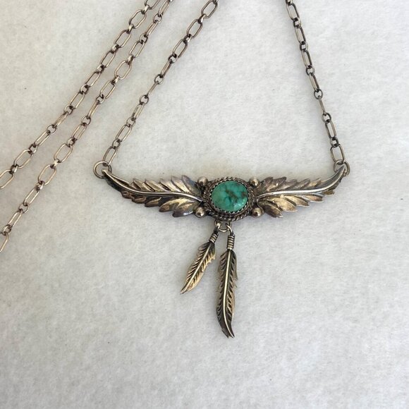VTG Sterling Silver 925 H. Spencer Navajo Turquoise Leaf Feather Necklace 20.5" - Picture 2 of 16